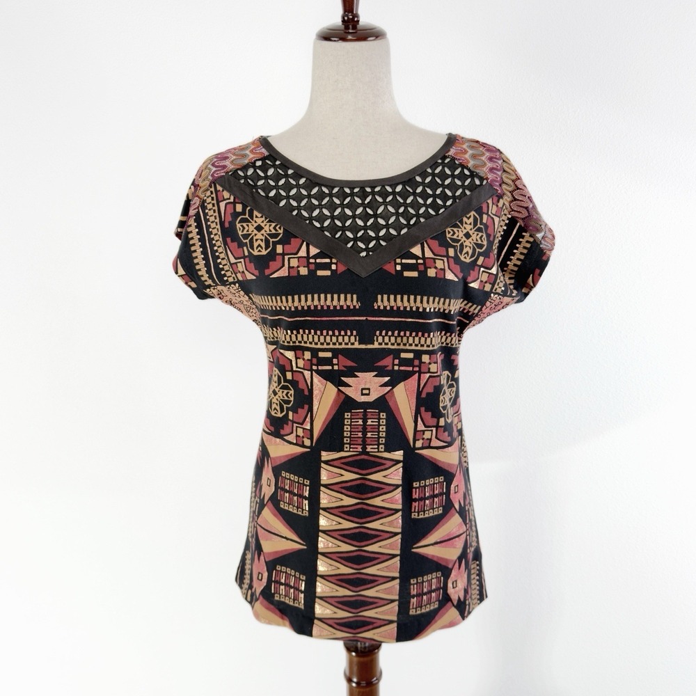 Custo Barcelona Top Womens Size Small* Black Aztec Geometric Y2K Metallic Retro